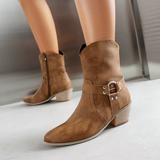 Belt Buckle Chunky Heel Martin Booties