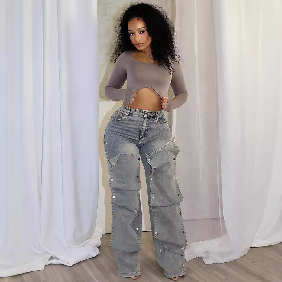 Raka jeans med hög midja för kvinnor