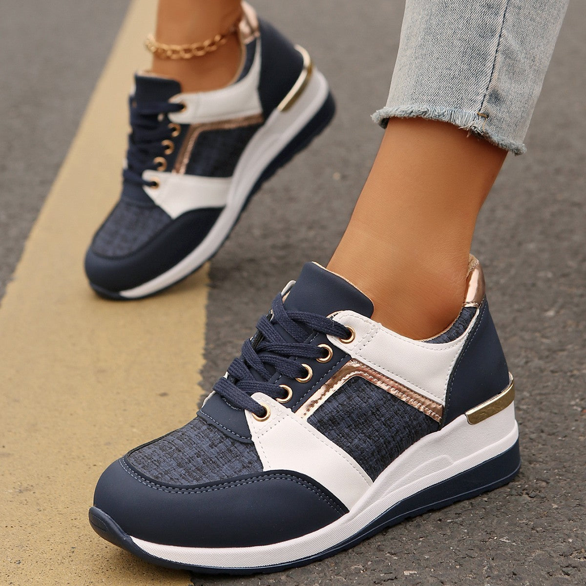 Colorblock Lace-Up Sneakers Fashion Casual Thick-soled Sports Shoes Women's Round Toe Slip On Casual Shoes