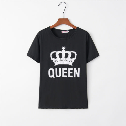 King Queen Letter Printed Black Tshirts Summer Casual Cotton Short Sleeve Tees Tops Brand Loose Couple Tops