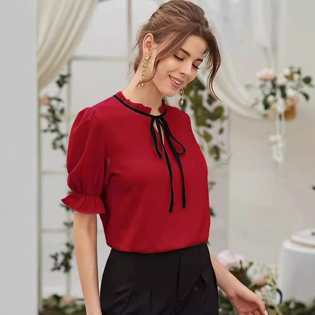 Women's Elegant Tie Long Ruffle Sleeve Shirt