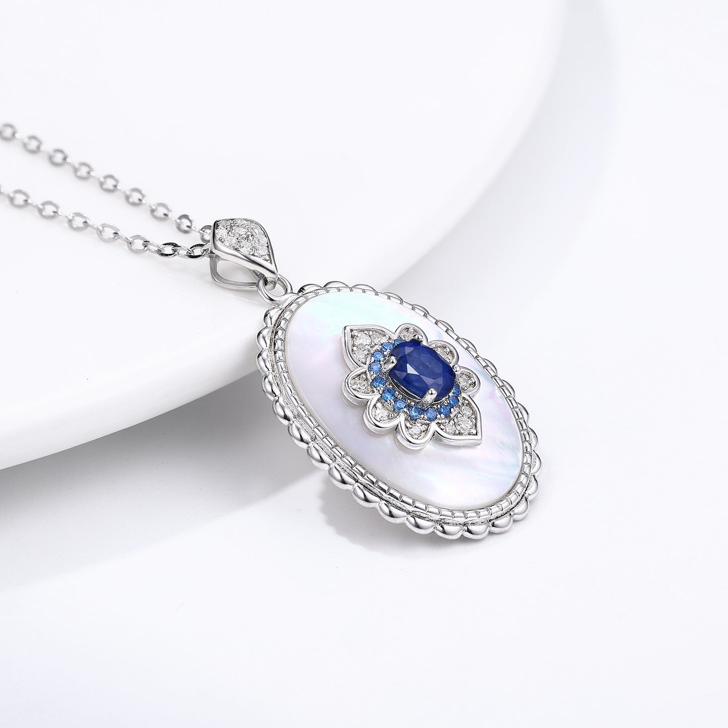 Sapphire Diamond Pendant 925 Sterling Silver  Chain Necklace For Women