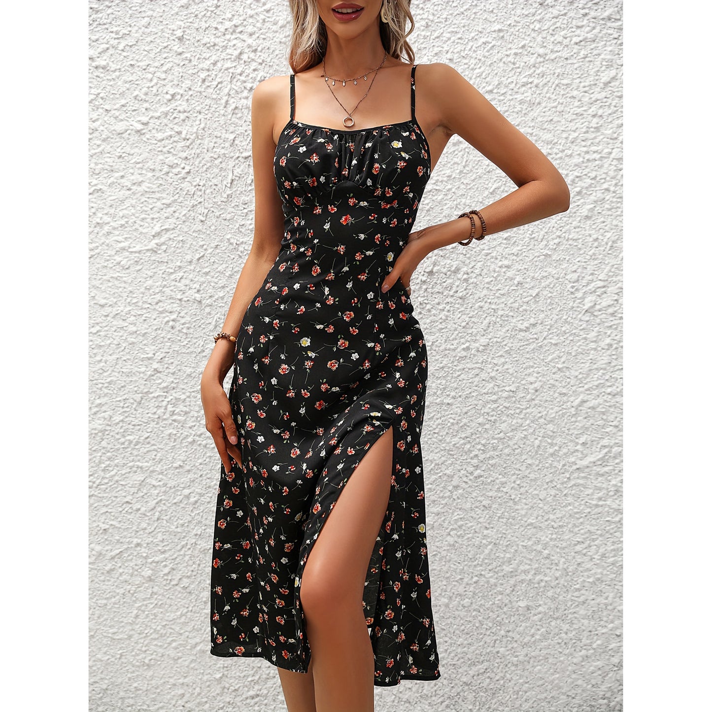 New Polka Dot Print Suspender Dress Sexy Slit