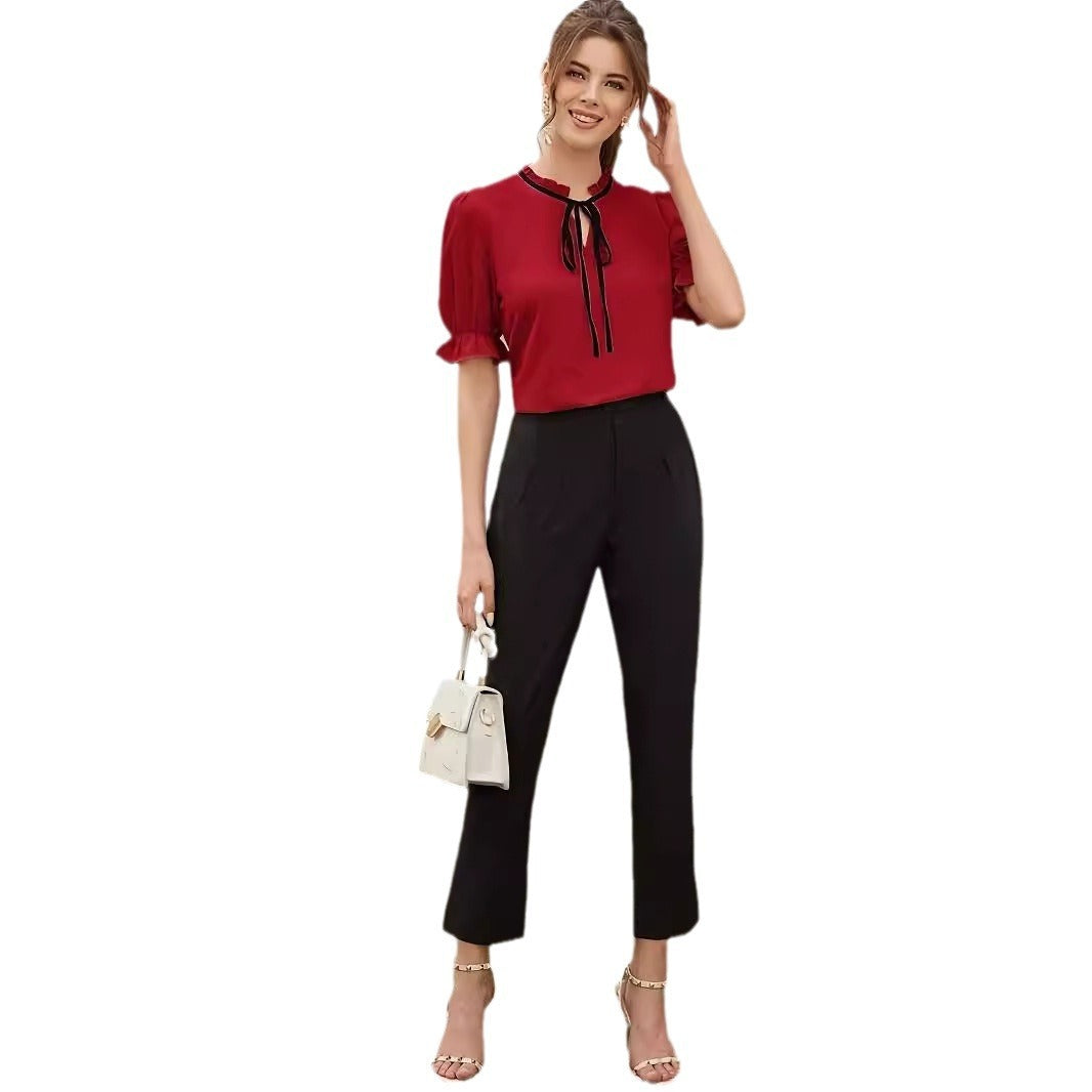 Women's Elegant Tie Long Ruffle Sleeve Shirt