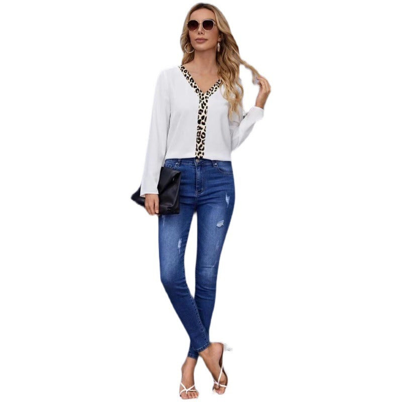 Hot Sale European And American Casual Women's Stitching Leopard Print Loose Mini Shirt