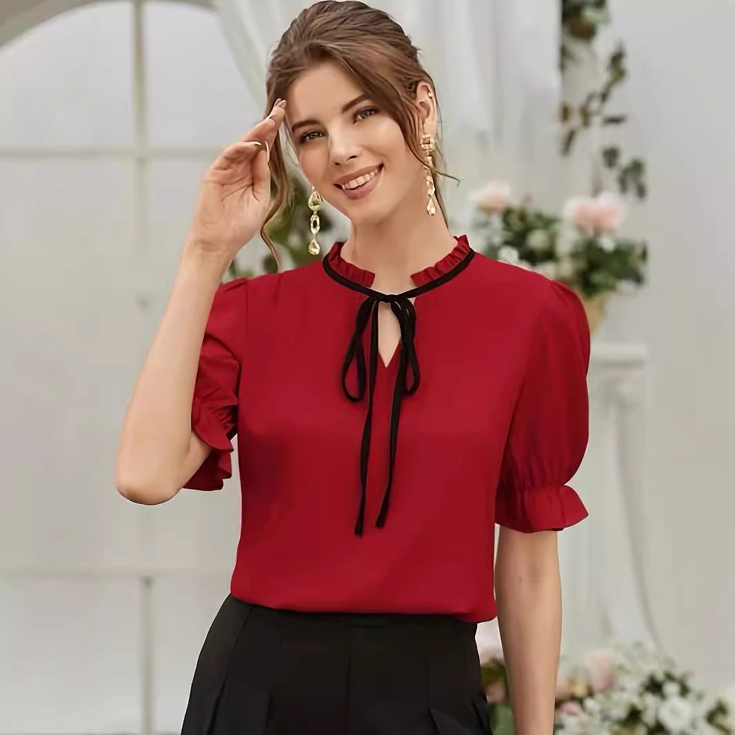 Women's Elegant Tie Long Ruffle Sleeve Shirt