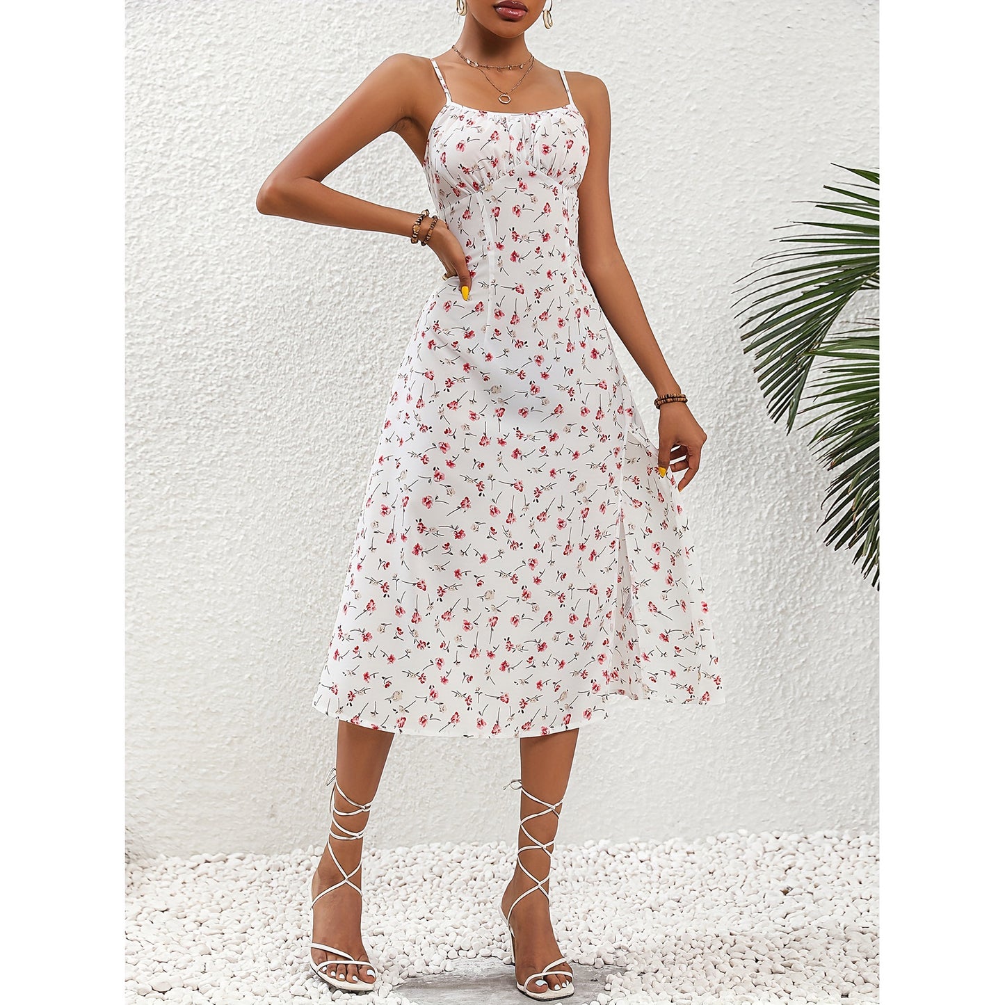 New Polka Dot Print Suspender Dress Sexy Slit